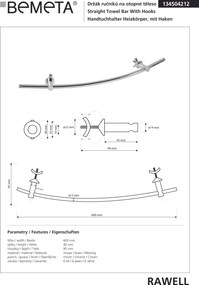 Bemeta Design RAWELL: Držiak uterákov na vykurovacie teleso, 600 mm, lesk - 134504212