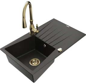 Mexen Cesar, 1-komorový granitový drez 775x470x190 mm a drezová batéria Savita, čierna-zlatá metalíza, 6514-75-672601-50
