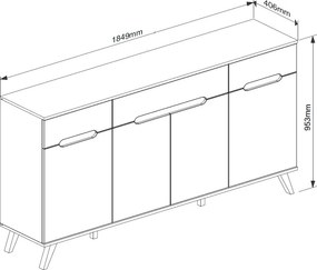 Široká komoda Scandi, biela/dub nox