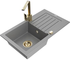 Mexen Pablo, granitový drez 752x436x161 mm, 1-komorový a zlatá batéria Rita, šedá, 6510-71-670300-50