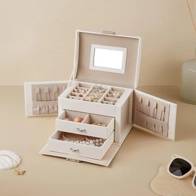 Šperkovnica, 3-úrovňová s 2 zásuvkami a s cestovným puzdrom, biela