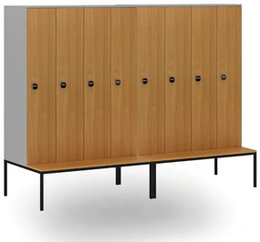 Drevená šatníková skrinka S4 s lavičkou, 4 oddiely, 1871 x 1200 x 500/800 mm, demont, RFID zámok, sivá/oranžová