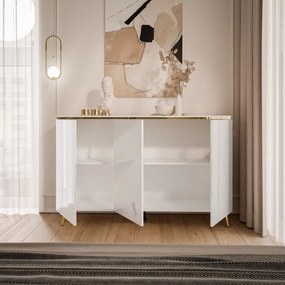 KOMODA NESSIE 3 TROJDVEROVÁ BIELY LESK + ZLATÁ 140 cm