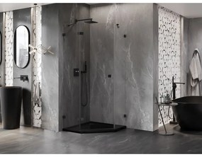 Mexen Lunar, Päťuholníkový sprchový kút Mexen Lunar naklápací doľava 100 x 100 cm, 8mm číre sklo, čierny profil, 831-100L-100P-70-00-L