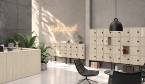 Kancelárska skriňa FRAME, biela podnož, 12x dvere, 1299 x 450 x 2185 mm, kódový zámok, dub prírodný