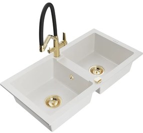 Mexen Mario, granitový drez 820x436x161 mm, 2-komorový a drezová batéria Duo, biela, 6504-20-671701-57-G
