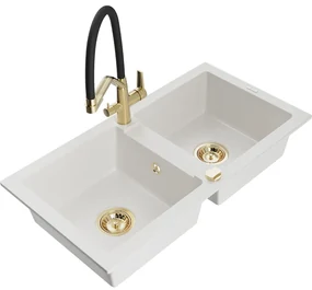 Mexen Mario, granitový drez 820x436x161 mm, 2-komorový a drezová batéria Duo, biela, 6504-20-671701-57-G