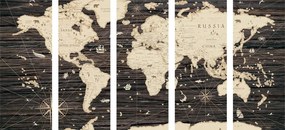 5-dielny obraz historická mapa sveta na drevenom pozadí