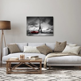 Sklenený obraz - Eiffelova veža a červené auto (70x50 cm)