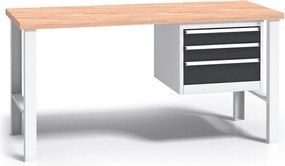 Pracovný stôl do dielne G3 so závesným boxom na náradie, buková škárovka, 3 zásuvky, pevné kovové nohy, 1500 mm, grafit