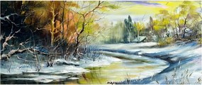 Obraz zimnej rieky, olejomaľba (120x50 cm)