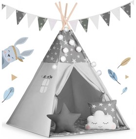 Detský stan teepee s girlandou a svetlami Nukido - sivý s hviezdičkami