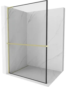 Mexen Kioto+ L, sprchová zástena Walk-In s poličkou a vešiakom 90 x 200 cm, 8mm číre sklo čierny vzor, zlatý matný profil, 800-090-123-55-70