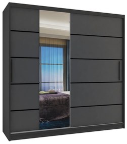 Šatníková skriňa 200 cm Belini čierny mat / šedý mat s posuvnými dverami zrkadlom a zásuvkami MBP SZP5/1/B/SR/0/KLP