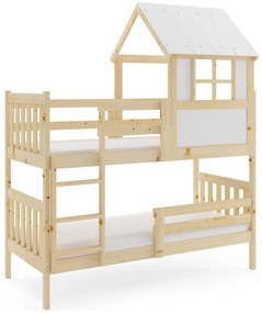 Poschodová posteľ s matracmi NATURAL 190×90 borovica + domčeková strieška