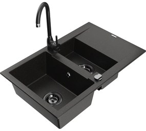 Mexen Gaspar, granitový drez 737x475x177 mm, 1,5-komorový a čierna batéria Telma, čierna-zlatá metalíza, 6507-75-670200-70-B