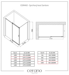 Cerano Santoro, sprchový kút s posuvnými dverami 110(dvere) x 100(stena) x 195 cm, 6mm číre sklo, čierny profil, CER-CER-431491