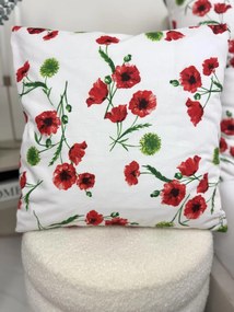 Obliečka na vankúš Maková lúka 40x40 cm – 100% bavlna, červené maky a zelené listy na bielom podklade