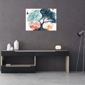 Sklenený obraz – Akvarelový strom plný života (70x50 cm)