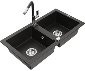 Mexen Mario, 2-komorový granitový drez 820x436x161 mm a drezová batéria Flora, čierna-zlatá metalíza, 6504-75-670401-07