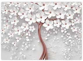 Sklenený obraz - Sklenený obraz bieleho stromu s kvetinami, rosegold (70x50 cm)