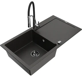 Mexen Leo, granitový drez 900x500x190 mm, 1-komorový a drezová batéria Aster, čierna-zlatá metalíza, 6501-75-73450-07-B