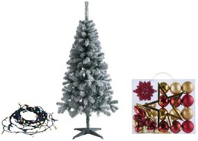 Livarno home Zasnežený umelý vianočný stromček, 150 cm + Farebná svetelná LED reťaz + Ozdoby, červené/zlaté  (800011013)