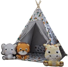 Detský stan TEEPEE (TÝPIE) ANIMALS s doplnkami - JUNGLE - šedý