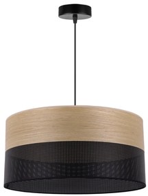 Závesné svietidlo Wood, 1x dýha zlatý dub/čierne PVC tienidlo, (fi 44cm)