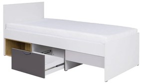Jednolôžková posteľ 90x200 cm Juna 15 (biela + grafit + sivá + dub lefkas) (s roštom). Vlastná spoľahlivá doprava až k Vám domov. 1087411