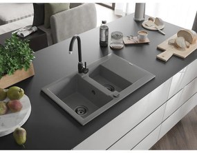 Mexen Gaspar, granitový drez 737x475x177 mm, 1,5-komorový a čierna batéria Telma, šedá, 6507-71-670200-70-B