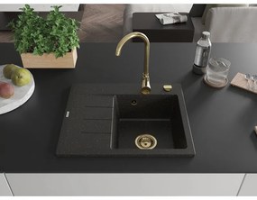 Mexen Ben, 1-komorový granitový drez 600x500x190 mm, pravý + zlatý sifón, čierna-zlatá metalíza, 6523605000-75-G