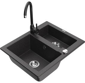 Mexen Carlos, granitový drez 582x475x177 mm, 1,5-komorový a čierna drezová batéria Telma, čierna škvrnitá, 6518-76-670200-70