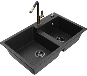 Mexen Tomas, 2-komorový granitový drez 800x500x190 mm a drezová batéria Flora, čierna-strieborná metalíza, 6516-73-670401-57-B