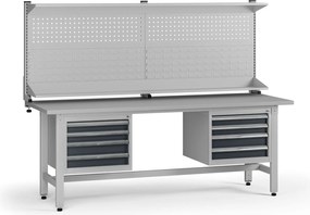 Výškovo nastaviteľný dielenský stôl G5 s nadstavbou, 2100 x 750 x 800-1000 mm, 2x kontajner, 8 zásuviek, grafit