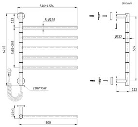Gamma Awry, elektrický kúpeľňový radiátor s otočnými ramenami 516x622 mm, 75W, čierna, GMA-AWRY-622516-BK