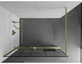 Mexen Kioto+, sprchová zástena Walk-In s poličkou a vešiakom 140 x 200 cm, 8mm číre sklo čierny vzor, zlatý matný profil, 800-140-121-55-78