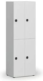Drevená šatníková skrinka s úložnými boxmi, 4 boxy, kódový zámok, sivá/biela