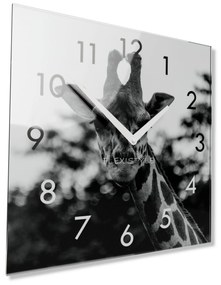 Dekoračné čierno biele sklenené hodiny 30 cm s motívom žirafy