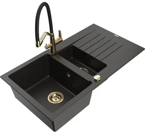 Mexen Matias, granitový drez 900x505x200 mm, 1,5-komorový a drezová batéria Duo, čierna-zlatá metalíza, 6502-75-671701-57-G