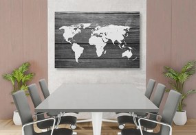 Obraz čiernobiela mapa sveta s dreveným pozadím - 90x60