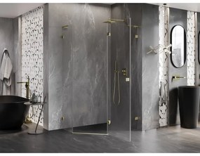 Mexen Lunar, L pravý výklopný päťuholníkový sprchový kút 90 x 80 cm, 8mm číre sklo, zlatý profil, 831L-090P-080L-50-00-P