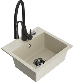 Mexen Milo, 1-komorový granitový drez 435x410x171 mm a drezová batéria Aster, béžová, 6505-69-73450-70-B