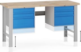 Výškovo nastaviteľný dielenský stôl G7, buková škárovka, 1700 x 685 x 840-1040 mm, 2x kontajner, 6 zásuviek, modrá
