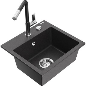 Mexen Milo, 1-komorový granitový drez 435x410x171 mm a drezová batéria Flora, čierna škvrnitá, 6505-76-670401-07