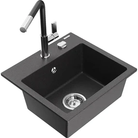 Mexen Milo, 1-komorový granitový drez 435x410x171 mm a drezová batéria Flora, čierna škvrnitá, 6505-76-670401-07
