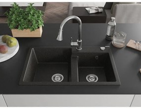 Mexen Tomas, 2-komorový granitový drez 800x500x190 mm a drezová batéria Elia, čierna-zlatá metalíza, 6516-75-670101-00