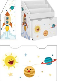 Detský organizér na knihy s úložným boxom na hračky, biely s vesmírnym motívom