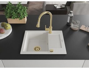 Mexen Enzo, 1-komorový granitový drez 576x465x174 mm a drezová batéria Elia, biela, 6506-20-670101-50