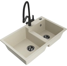 Mexen Tomas, 2-komorový granitový drez 800x500x190 mm  a kuchynská batéria Duo, béžová, 6516-69-671701-70-B